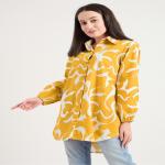 Bitsy Owl Women Cotton Blend Printed Button Front Yellow Long Shirt Collared Neck Dress || Long Sleeves Summer Oversized Shirt for Office Wear || Semi Formal Shirt