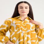 Bitsy Owl Women Cotton Blend Printed Button Front Yellow Long Shirt Collared Neck Dress || Long Sleeves Summer Oversized Shirt for Office Wear || Semi Formal Shirt