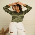 Women Olive Green Plain Satin Shirt, Full sleeves, Casual Wear