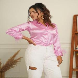 Women Pink Plain Satin Shirt, Full sleeves, Party Wear