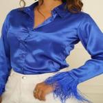 Women Royal Blue Plain Satin Shirt, Full sleeves, Party Wear