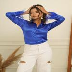 Women Royal Blue Plain Satin Shirt, Full sleeves, Party Wear