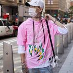 London Hills Printed Cotton Oversized Hoodies For Men | Half Sleeve Oversized T-shirt || LH_OS_HOODIE_HS_PINK_44