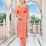 London Hills Women Printed Kurta with Pant || Salwar Suit Set for Women ||  LH_WOMEN_PLAZO_SET_1502_ORANGE