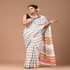 Hand Printed Mul Cotton Saree