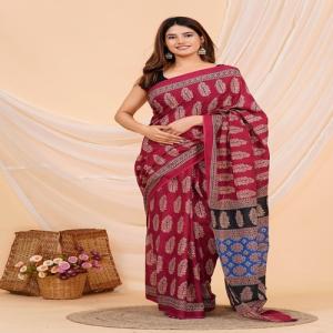 Hand Printed Mul Cotton Saree