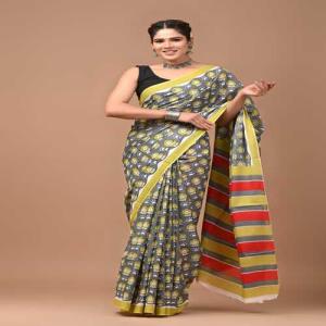 Hand Printed Mul Cotton Saree